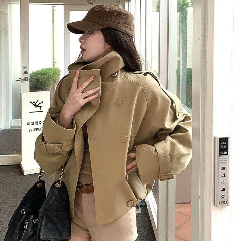 Women's 2026 Korean Style Relaxed Trench Coat Vintage Khaki Utility Jacket Spring Fall Casual Chic Versatile Outerwear