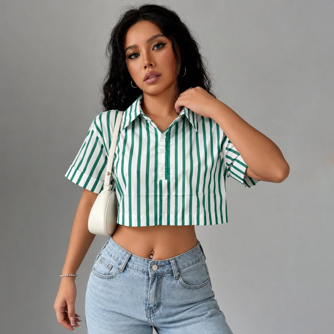 Women’s Striped Crop Shirt Short Sleeve Turn Down Collar Button Front Casual Summer Blouse Streetwear Top