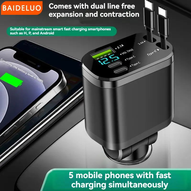 Black baideluo 5-in-1 fast retractable car charger with dual-line expansion and contraction and digital display showing 12.5v voltage for fast charging smartphones via type-c ports.