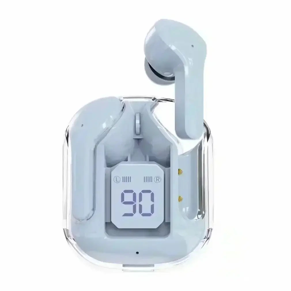 Light gray wireless earbuds with bluetooth chip and a charging case featuring a digital display showing battery level.