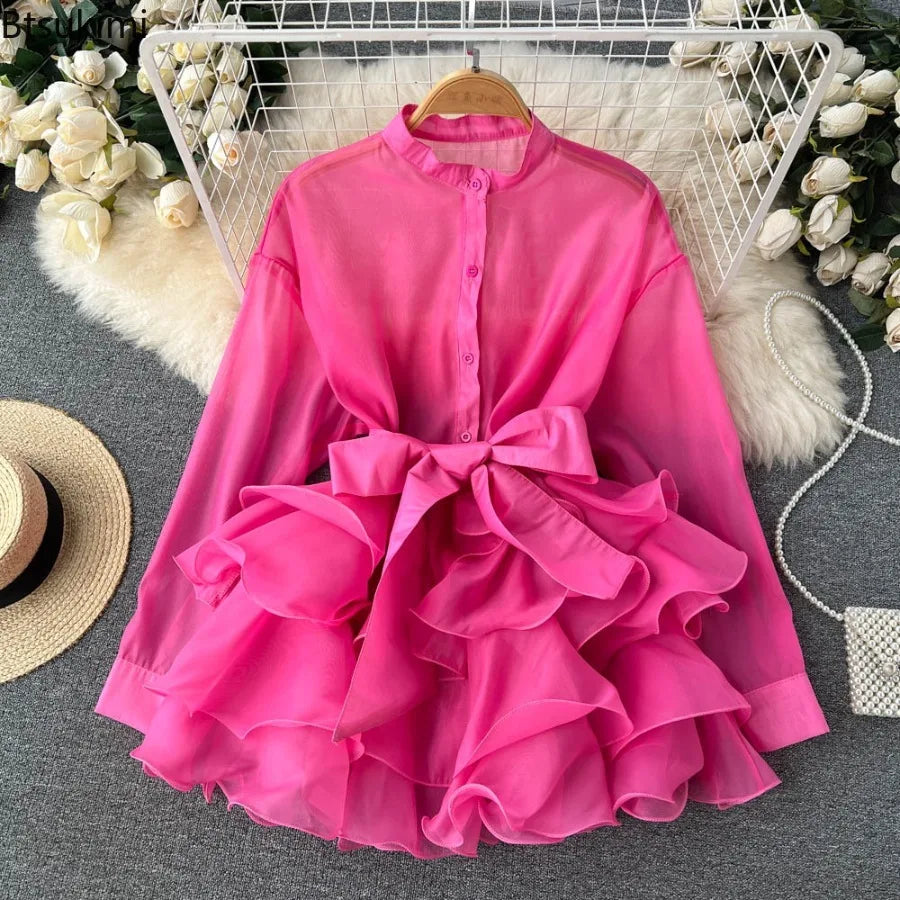 2026 Chiffon French Chic Elegant Blouses for Womens Spring Long Sleeve O-neck Solid Colours Femmen Long Shirt Tops Ruffles Woman