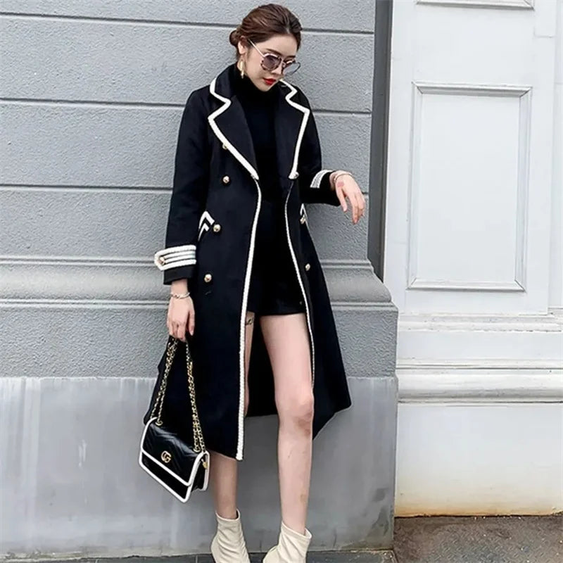 White Over the Knee Wool Coat Women's Mid-Length 2023 Autumn/Winter Hepburn Style Thickened Slim Black Double-Breasted Coat Z555