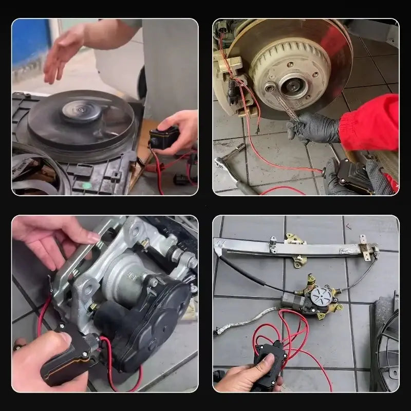 Schwarzes, handgehaltenes Werkzeug zum Lösen des EPB-Bremssattels für den Elektromotor mit roten Kabeln und digitaler Anzeige zur Diagnose bei Reparaturen am Fahrzeug