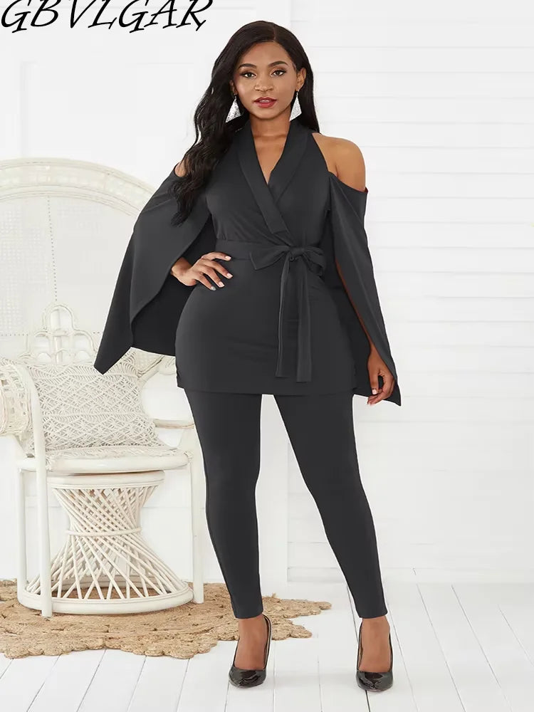 Women Going Out Party Black Cloak Sleeve Jumpsuits Casual V-Neck Top Cape Skirt Pencil Pants Suit Winter Lady Jumpsuit With Belt