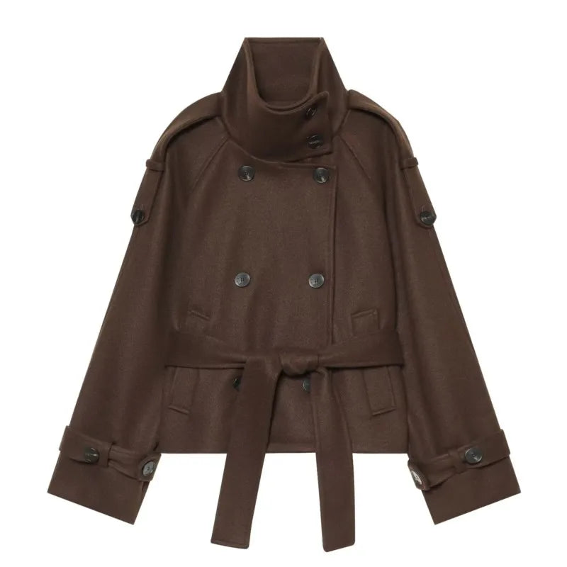 Women's winter jacket Double breasted lace up soft jacket Stand collar Belt decoration Jacket Casual Female Fashion Outerwear