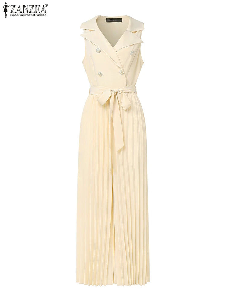 Fashion Women Jumpsuits 2026 ZANZEA Summer Rompers Elegant Wide Leg Work OL Overalls V Neck Sleeveless Pleated Playsuit Trousers