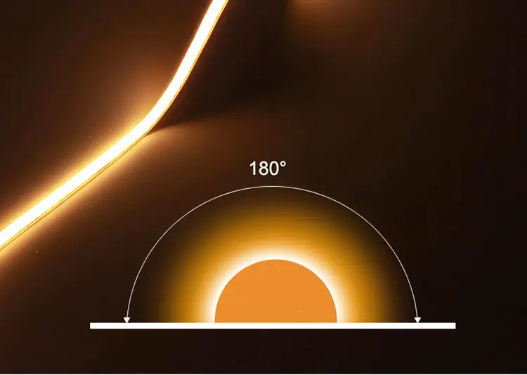 Una tira LED COB de brillo cálido con un diseño curvado elegante, mostrada desde un ángulo frontal cercano, para decoración del hogar de bricolaje