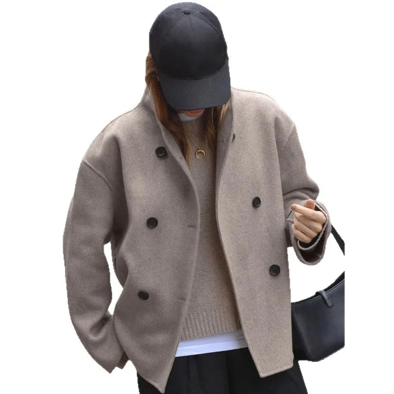 Wool Jacket Coat Women Vintage Woolen Jackets Double Breasted Warm Outerwear Office Lady High Street Overcoat Autumn Winter