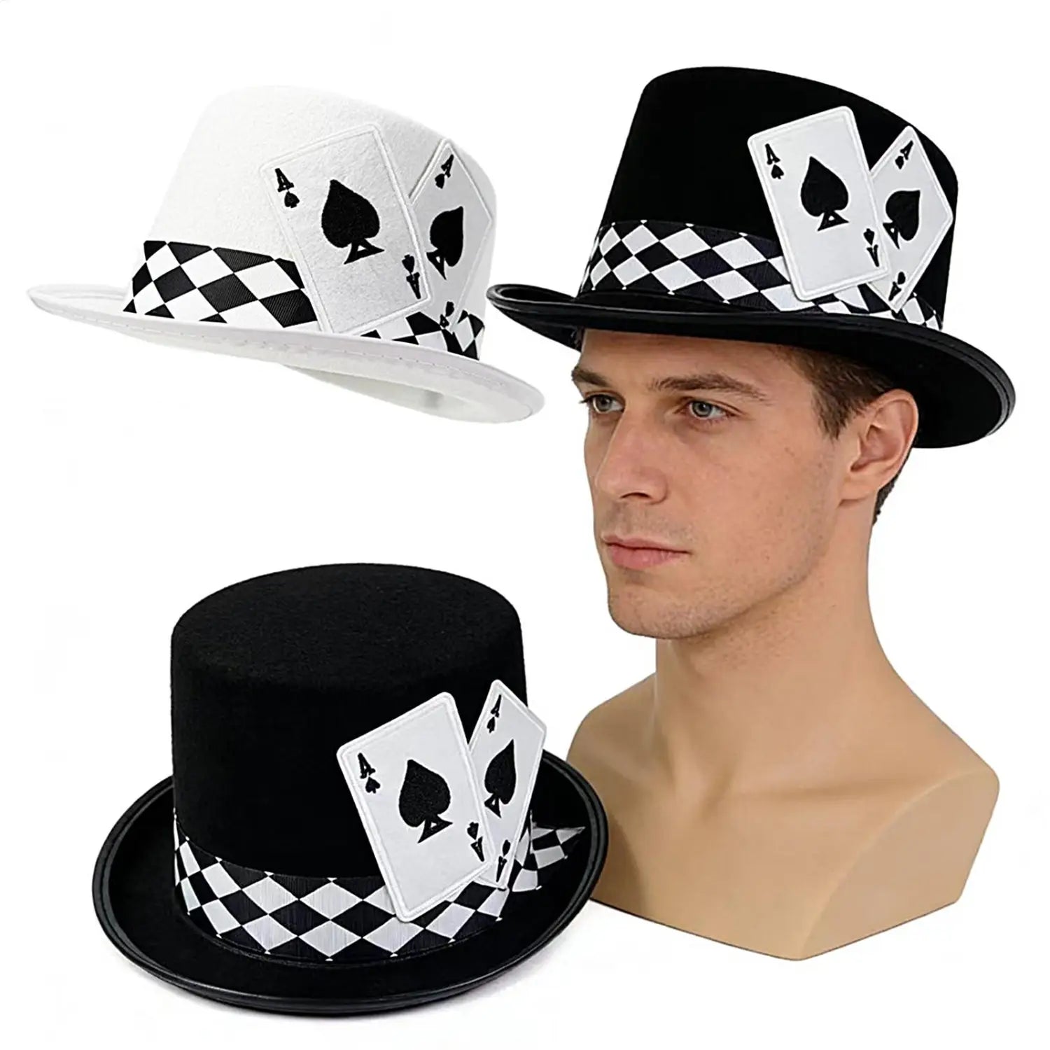 Black felt magician top hat with a black-and-white checkered band and two white ace of spades playing cards accessory.