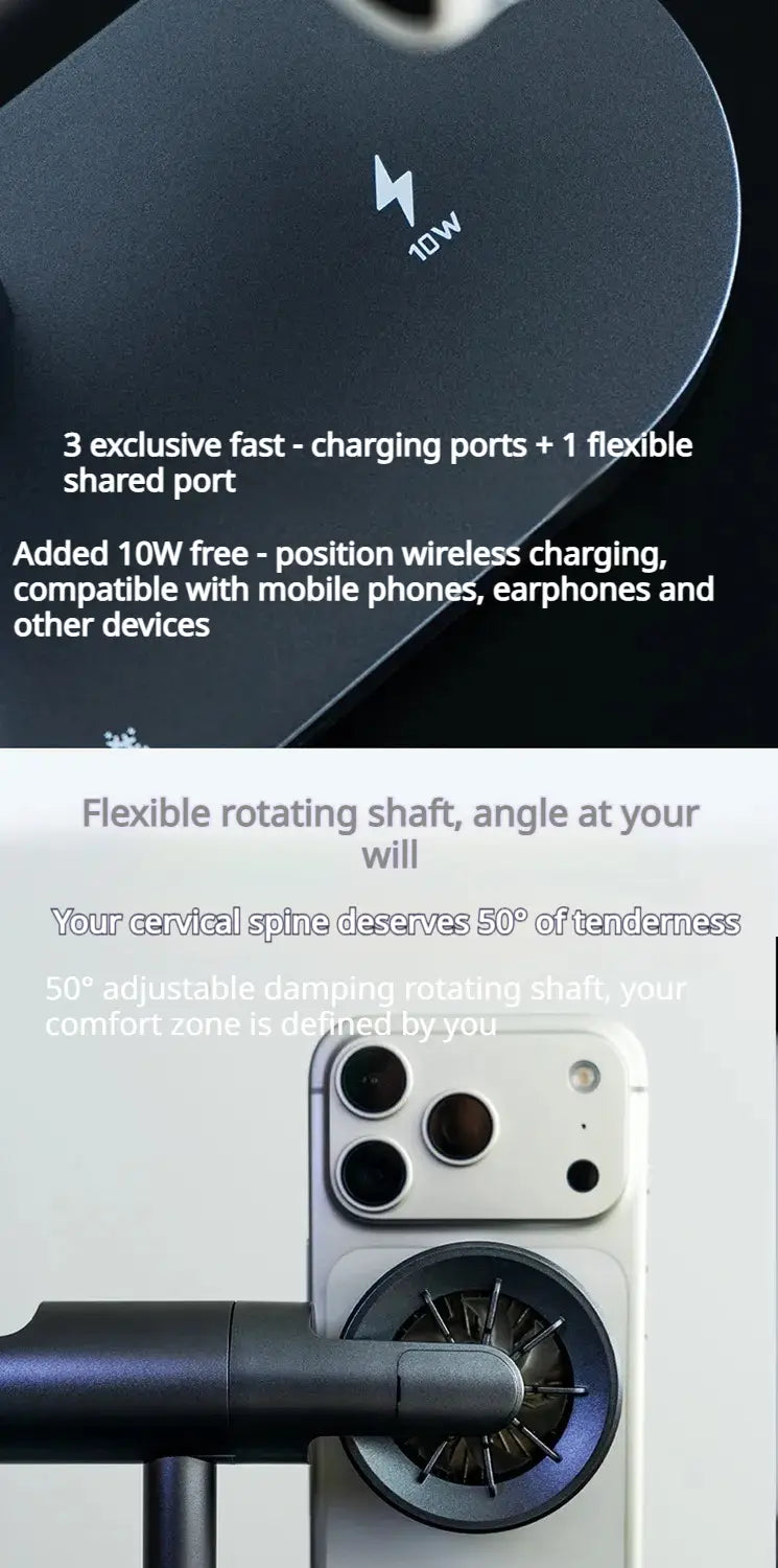 Station de charge sans fil noire élégante 25 W 7-en-1, avec axe rotatif flexible et capacité de charge rapide 10 W.