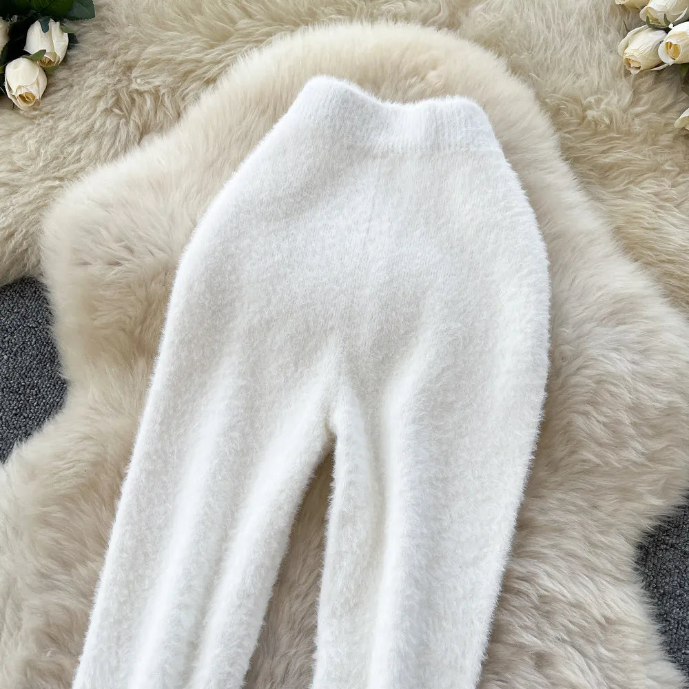 Women Faux Mink Cashmere Leggings High Waist Warm Knitted Thermal Pants Soft Elastic Slim Fit Winter Bottoms Female Casual Home