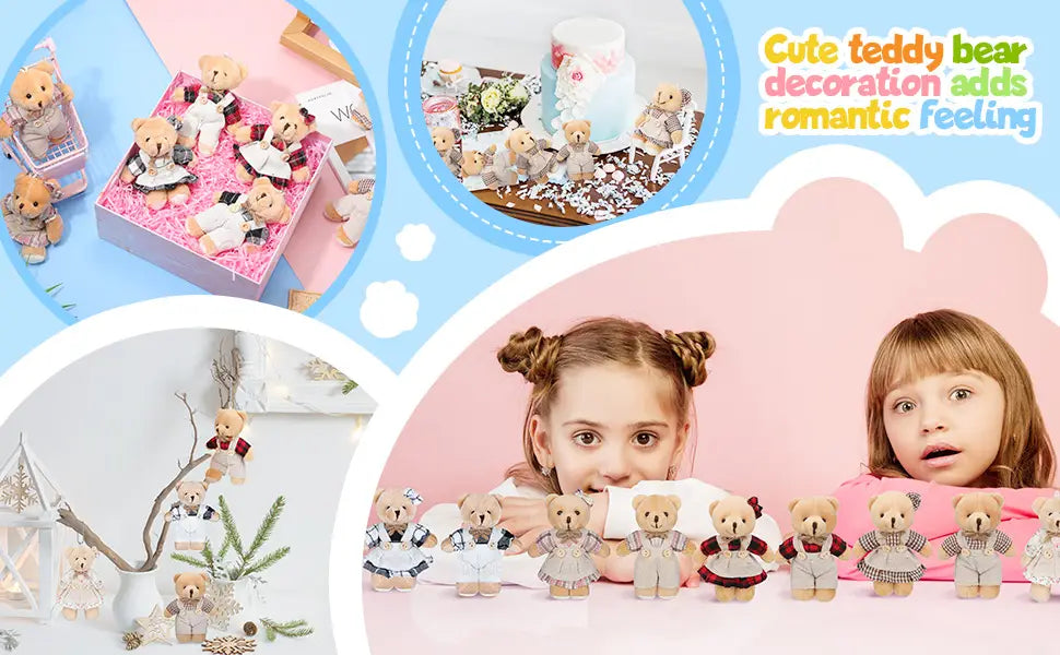 Adorables figurines d’ours en peluche beige en résine, habillées de tenues miniatures, pour le coffret cadeau de baby shower mini-ours.