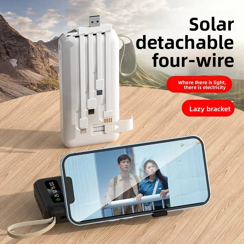 20000mAh Solar Power Bank Large Capacity Mobile Power Fast Charging Battery Dual USB 4 Cables with Mobile Phone Stand