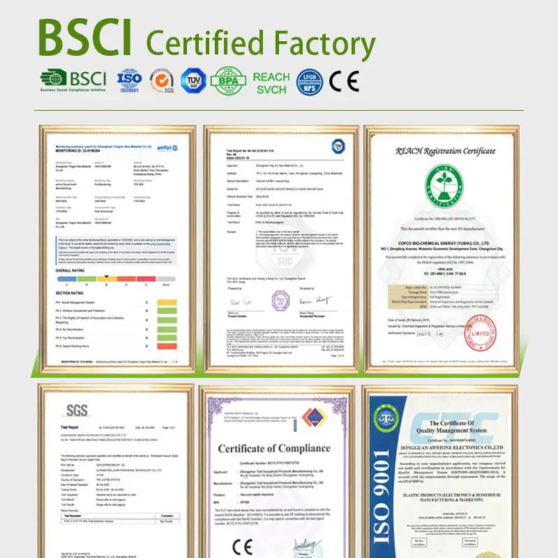 Bsci certified factory certification documents framed in gold-colored borders for food vacuum sealer rolls 500cm storage bags used with vacuum sealer systems.