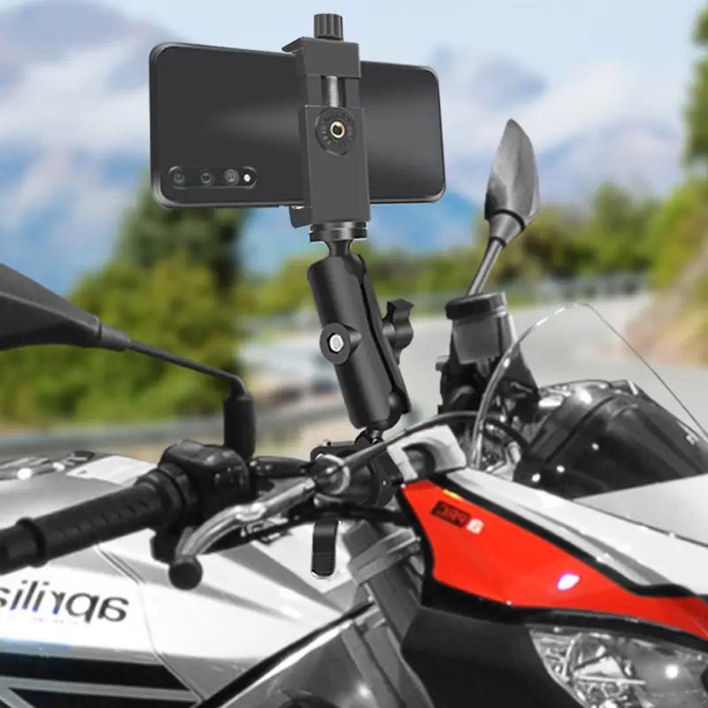 Soporte negro para teléfono de motocicleta en el manillar, con soporte de smartphone, brazo ajustable fijado de manera segura a un manillar de motocicleta.
