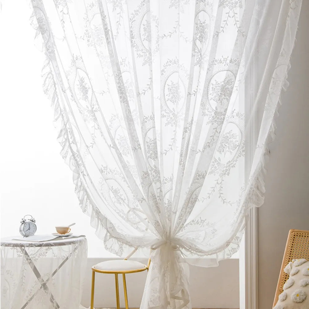 2 Pcs Home Decor Ruffled Edge French Lace Floral Curtain Retro Embroidered Gauze Curtain Rustic Voile Curtain Living Room