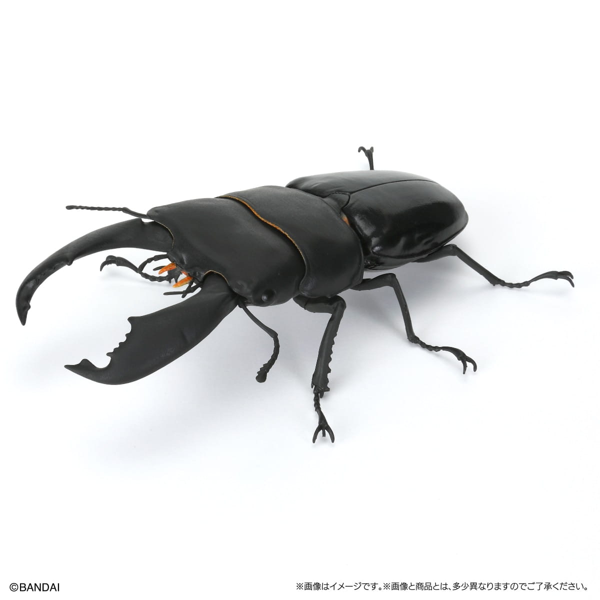 バンダイの、目立つ大あごと詳細な分節された脚を備えたオスのノコギリクワガタの黒い光沢仕上げの完成品プラモデルです。