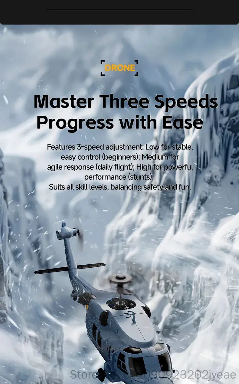 Gray remote control helicopter drone with 8k camera featuring three-speed flight settings for stable, agile, and powerful performance.