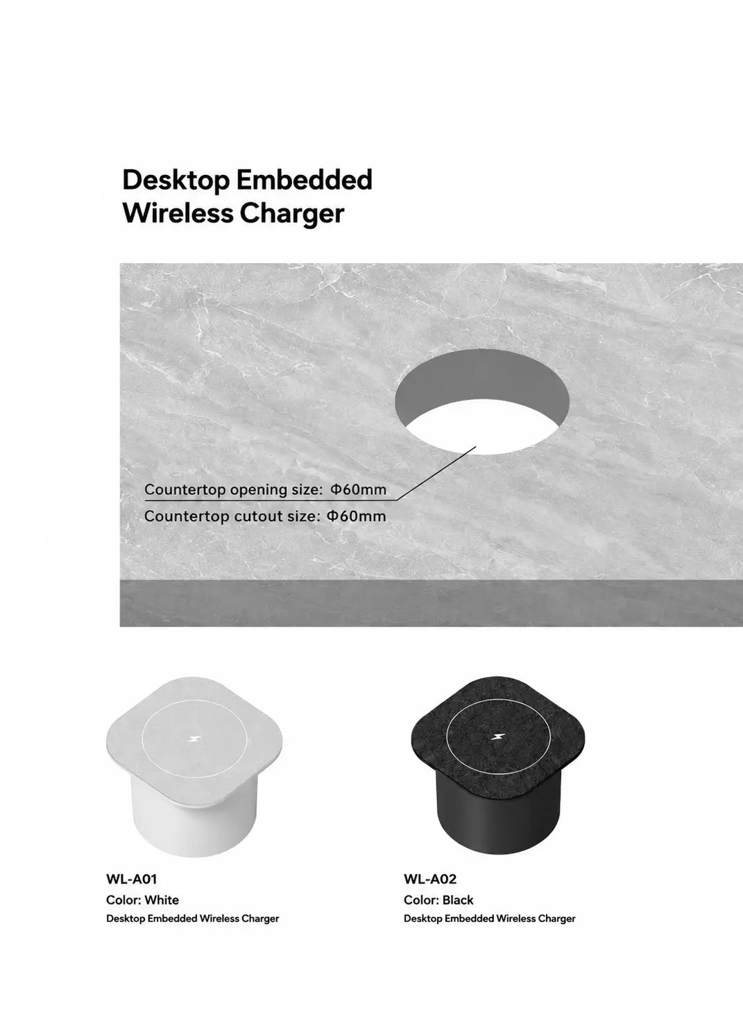 black and white embedded wireless desktop chargers with a circular 15w charging pad design for efficient device charging