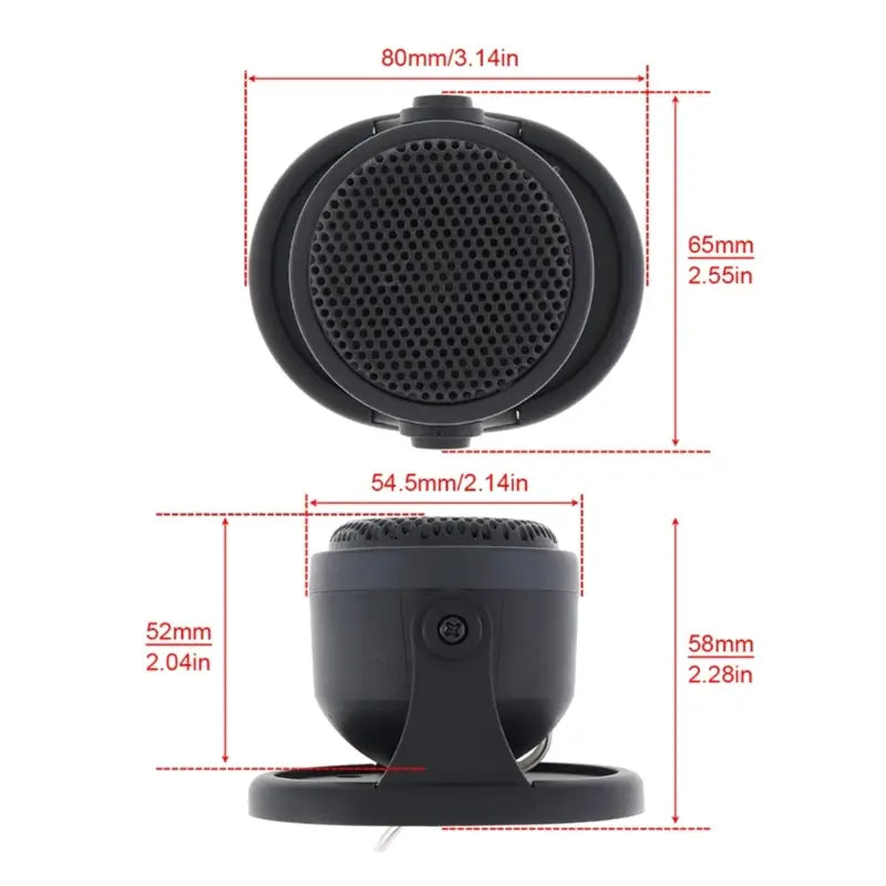 Black circular car tweeter speaker with perforated grille and mounting base designed for high frequency hifi audio 20w output