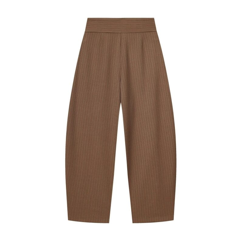 Pantalons taille haute plissés à jambes évasées en tissu à fines rayures marron, coupe à jambes évasées et design taille haute