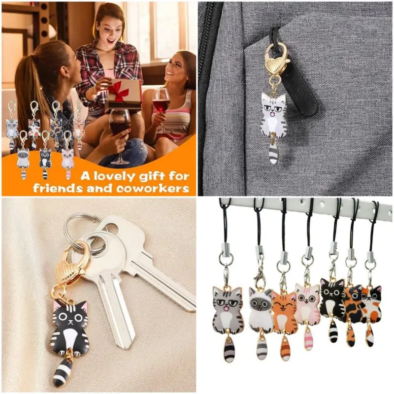 A charming black and white enamel cat keychain featuring a gold-tone heart clasp and cute charms.