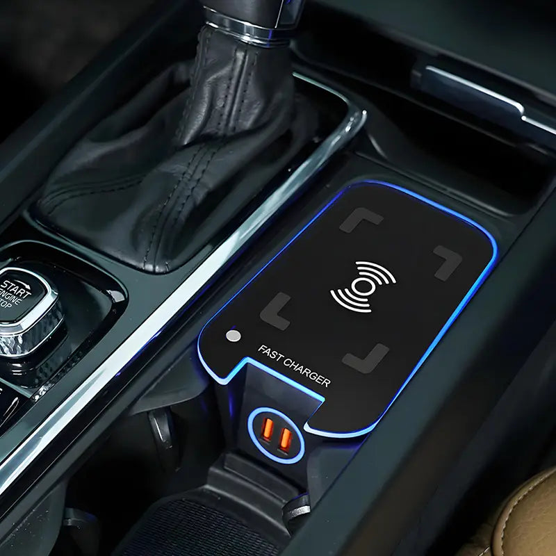 black wireless car charger with blue led lighting and usb ports designed for volvo xc90 xc60 xc60 v60 s90 models