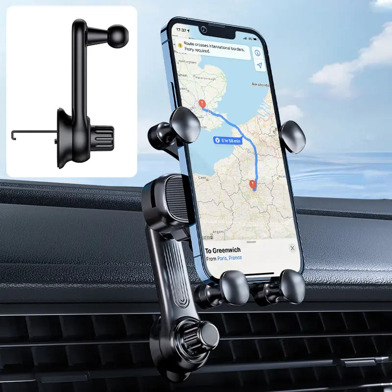 schwarzer Kunststoff-Autohalter für das Telefon, Lüftungsschalenhalterung mit verstellbaren Klemmen und Saugfuß als Basis für die universelle Auslasshalterung.