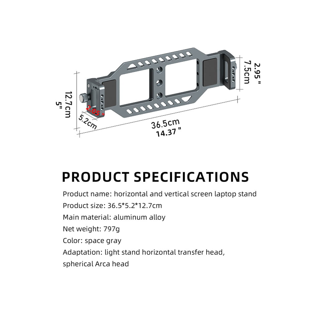 space gray aluminum alloy vertical laptop stand designed for tripods featuring horizontal and vertical screen support.