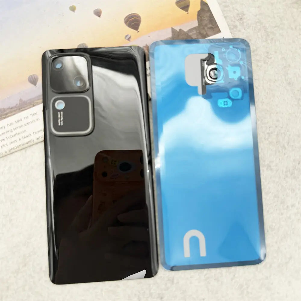 vivo v30 v30pro glass back cover replacement lens in black and blue with glossy finish and camera module featuring a stylized n logo on the blue cover