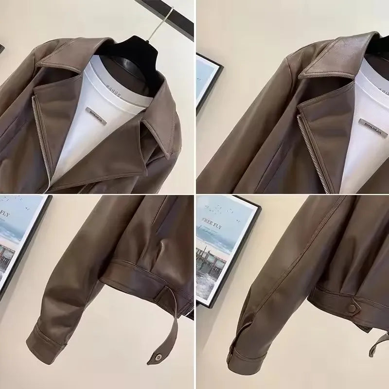 Fashion Leather Jacket Women Coat 2025 Autumn New Temperament Lapel  Short PU Leather Versatile Outwear Female