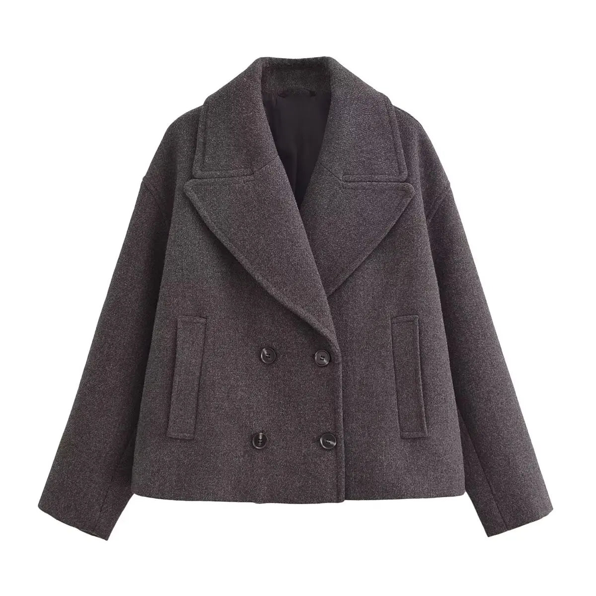 HH Women Winter Fashion Versatile Lapel Double Breasted Wool Short Coat Female Pocket Decoration Solid Long Sleeve Casual Jacket