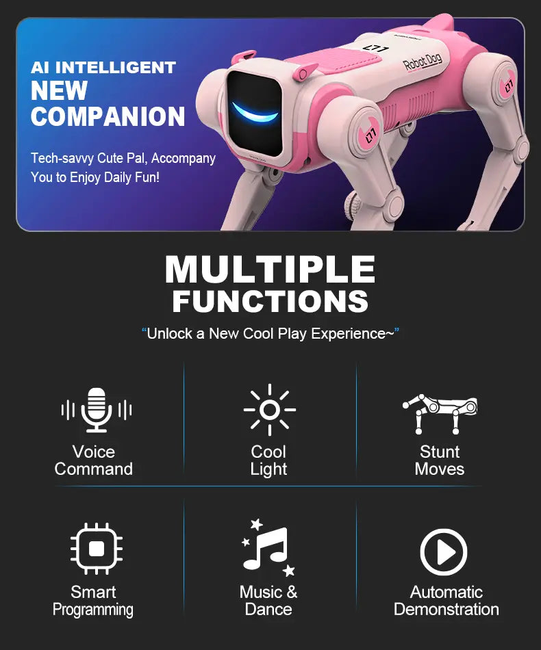 Pink and white robot dog with glowing blue eyes designed as an intelligent AI programmable RC toy and companion.