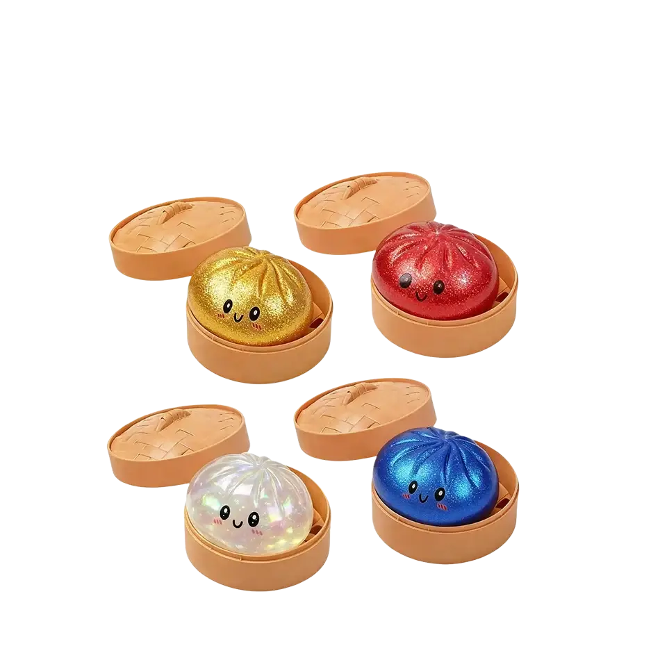Colorful glittery dumpling squishy stress relief toys in miniature bamboo steamer molds perfect gift for fans