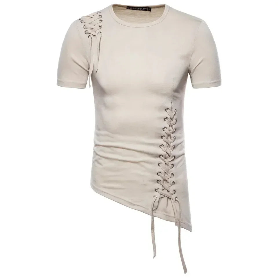 New Men's Summer Short Sleeve T-shirts Trend Irregular Design Lace Up Solid Slim Tees Fashion Gothic Style Casual Shirts Men