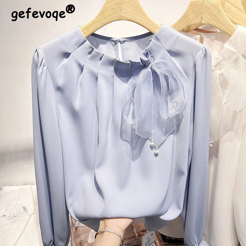 Women Stylish Ruffled Bow Lace Up Chiffon Blouses Office Lady Elegant Chic Commute Shirts Korean O Neck Long Sleeve Loose Tops