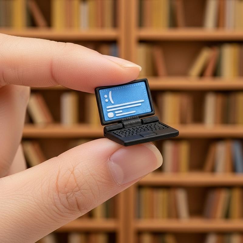 Modèle d’ordinateur portable miniature noir avec un écran bleu affichant du texte et des icônes, conçu pour des miniatures de maison de poupée au format 1/12.