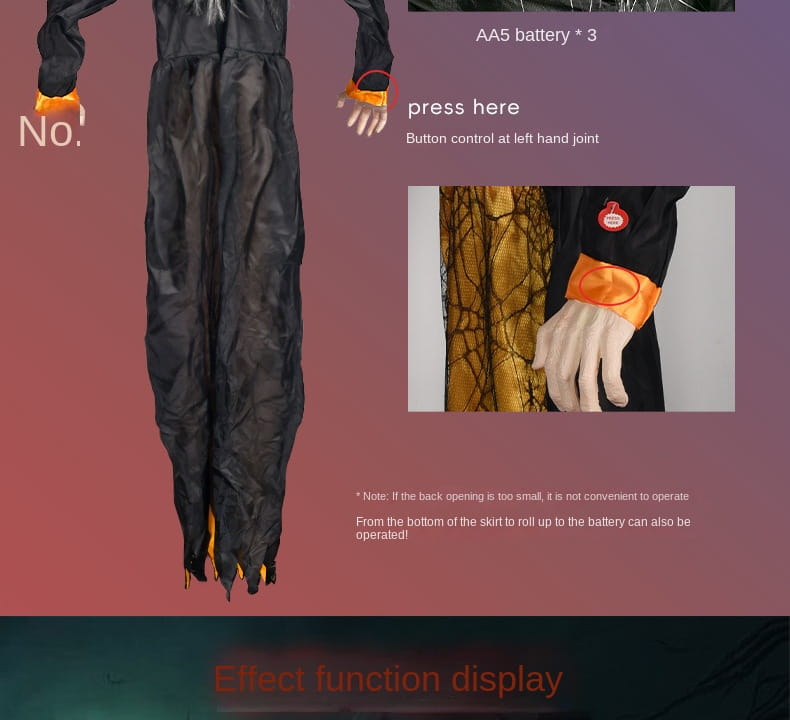 figurine animée de sorcière d’Halloween suspendue pour maison hantée, présentant un épouvantail noir et orange avec une articulation commandée par bouton sur la main gauche, conçue comme accessoire de jouet électrique hanté.