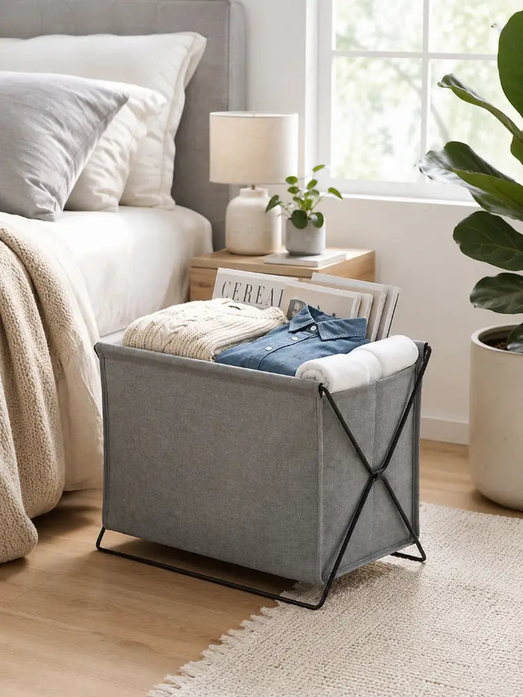 Gray fabric laundry hamper foldable storage basket with black metal frame for durable organization.