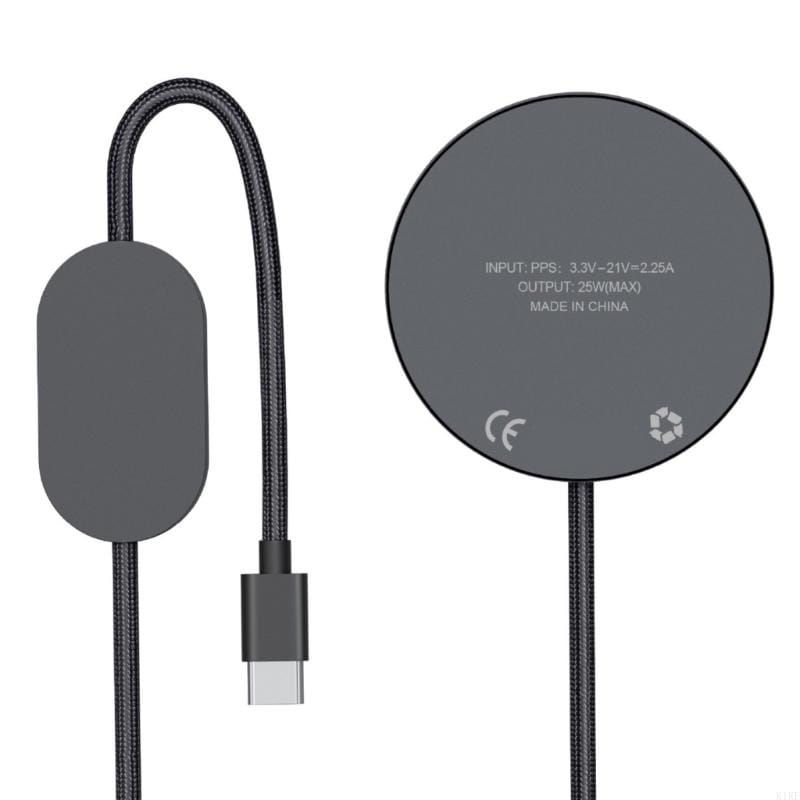 black 25w fast wireless charging pad with braided cable and usb-c connector for phones shown from the back side