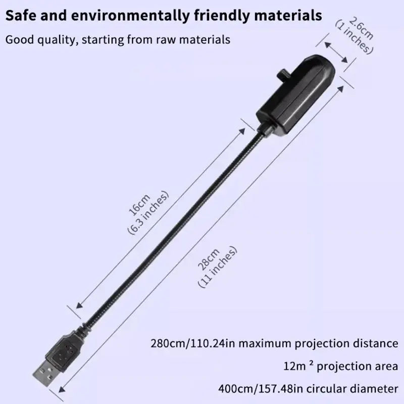 schwarz betriebene usb-projektionslampe mit schlankem zylindrischem design und flexiblem kabel für erdprojektion sowie deckenmond-nachtlicht-nutzung, aus vorderem blickwinkel betrachtet