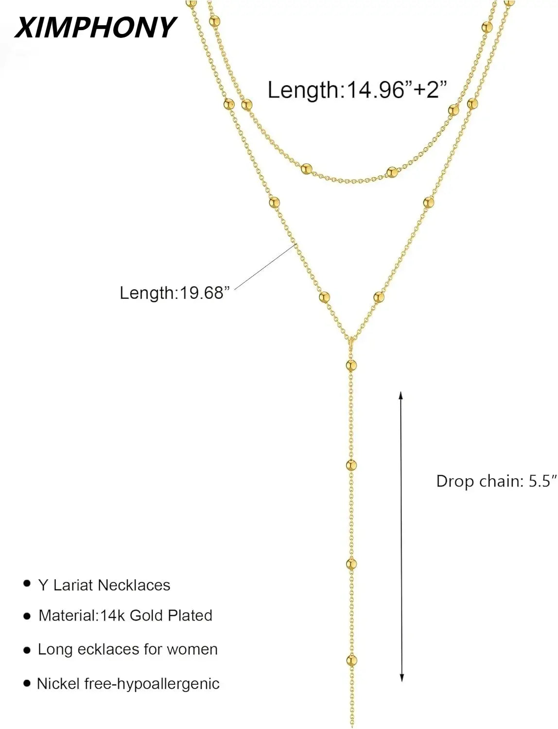 Un collier de type y-lariat plaqué or délicat pour femmes, présentant trois chaînes superposées avec des perles sphériques.
