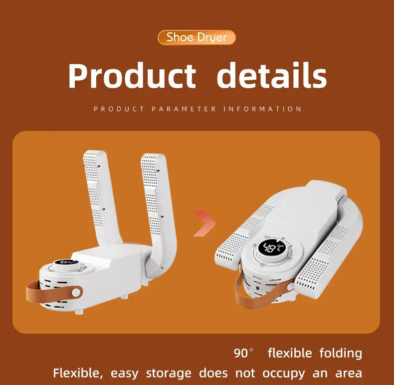 Sèche-chaussures électrique portable en plastique blanc, avec affichage numérique de la température et sangle en cuir marron pour réchauffer les chaussures.