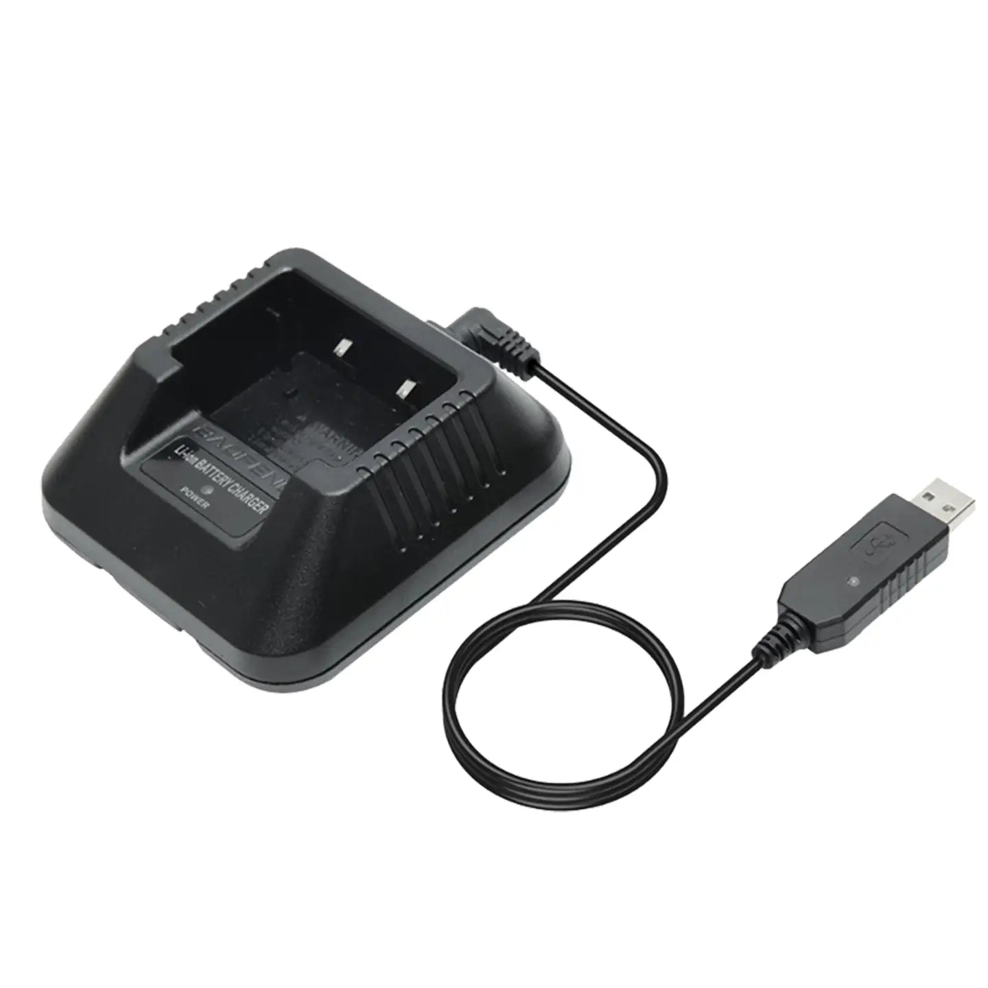 black plastic uv5r li-ion charger for baofeng walkie talkie with compact rectangular design textured grip ridges and integrated charging cable