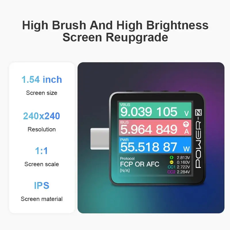 km003c chargerlab usb pd3.1 power tester black featuring a 1.54-inch ips screen with 240x240 resolution and 1:1 scale displaying high brush and brightness for enhanced clarity supporting protocol pps 50v.