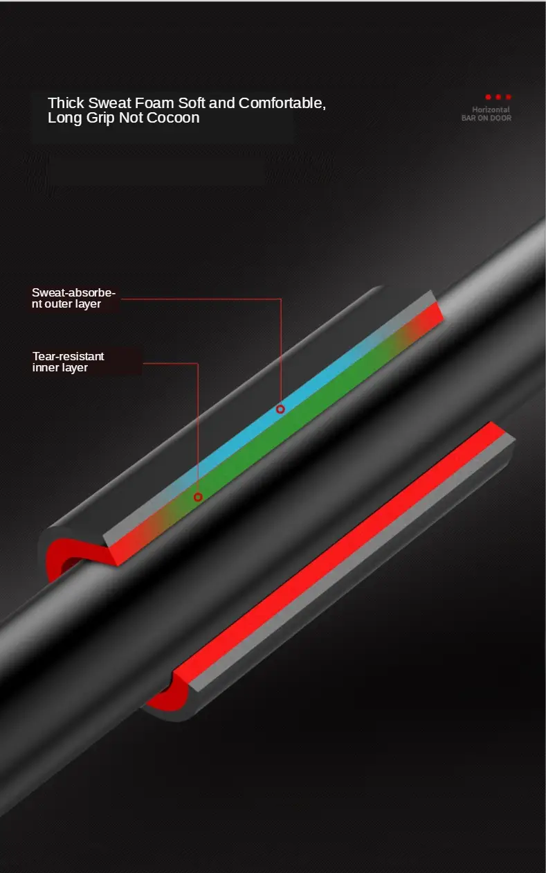 Barre de traction pour porte ajustable avec poignée en mousse épaisse noire et rouge, comprenant une couche externe absorbant la transpiration et une couche interne résistante aux déchirures pour le fitness à domicile.