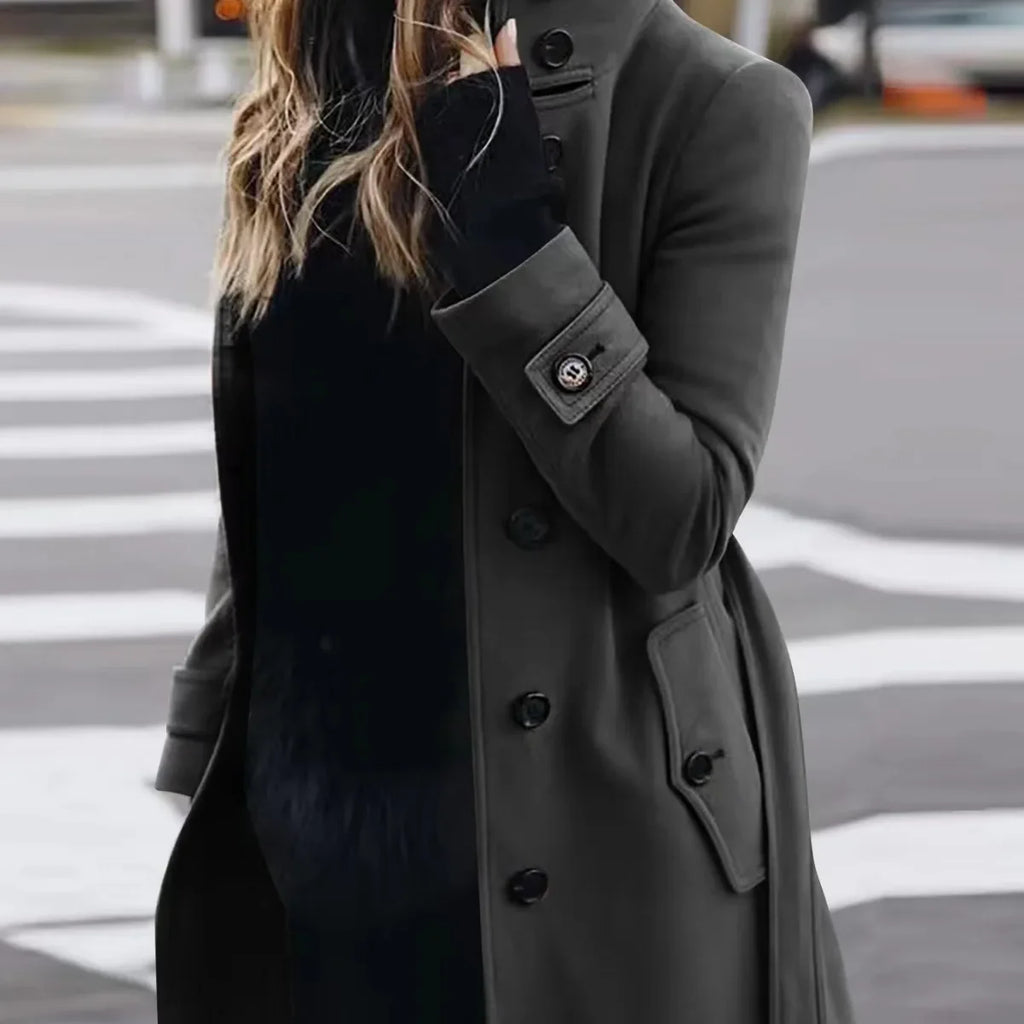 Women Autumn Winter  Wool Coat Blends Overcoat Solid Color Button Turtleneck Long Sleeve Casual Fashion  Winter Coat Regular
