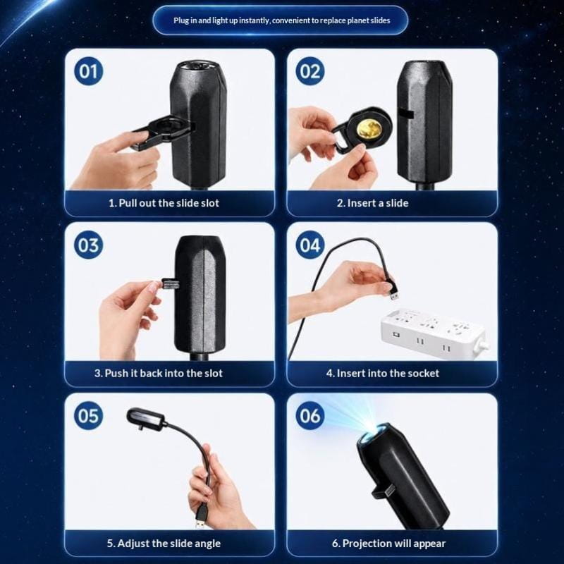 Black cylindrical led usb star galaxy projection lamp with adjustable slide mechanism and metal gooseneck flexible arm designed as a night light powered by usb power.