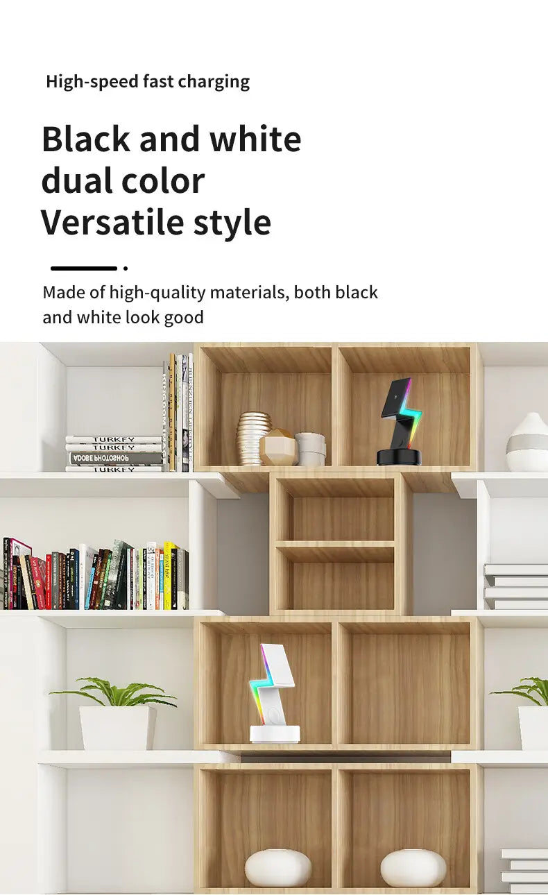 Black and white dual-color led charging lamp with sleek modern design and wireless charging output power featured in wireless charging 3 in 1 RGB stand magnetic.