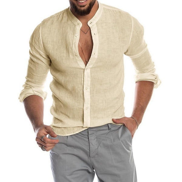 A light beige men long sleeve linen mandarin collar casual shirt with a button-down front and rolled cuffs.